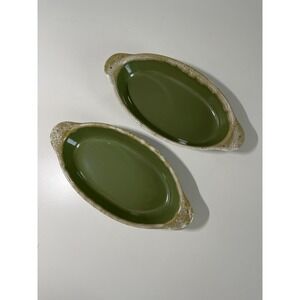 2 - Hull Pottery Avocado Drip, Oval Baking Dish‎ Oven Proof ca 1960 USA